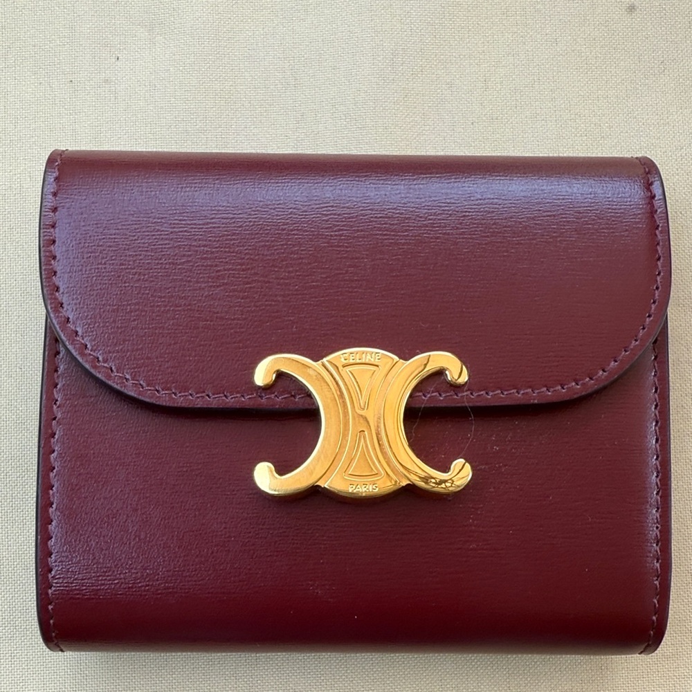 Celine Deep Red Leather Wallet with Gold Clasp